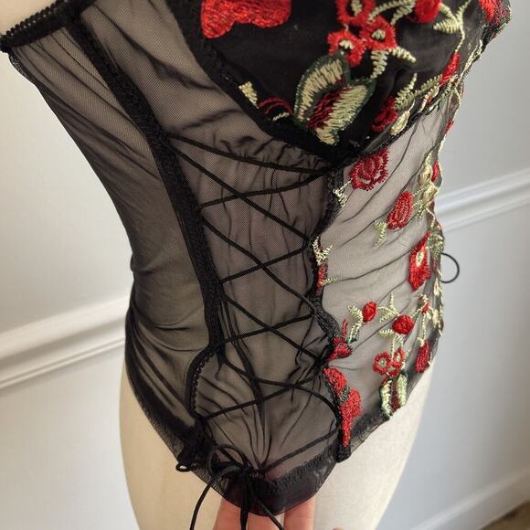 Women Size M Sheer Tank Mesh Roses Black Goth Whimsigoth Embroidered Lingerie - Picture 3 of 11